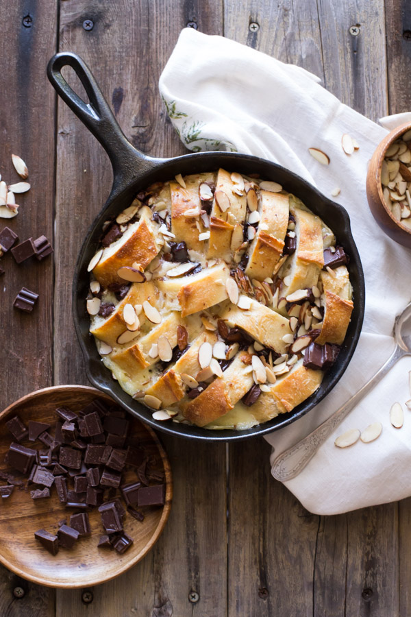 Chocolate Almond Bread Pudding - It's decadent, warm and cozy with gooey chocolate and almond flavoring. So good!