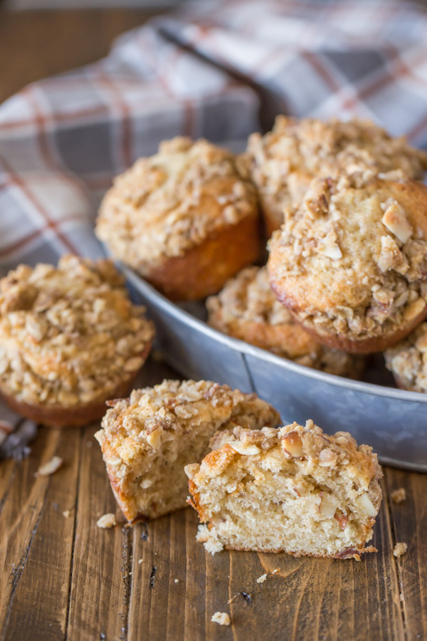 Banana Muffins With Almond Oat Streusel Topping - Soft, fluffy banana muffins made with Greek yogurt and coconut oil - super quick and easy too!