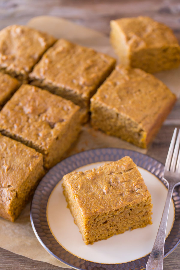 Healthier Pumpkin Spice Snack Cake - A moist, perfectly spiced snack cake made with pumpkin puree, coconut oil, Greek yogurt, and white whole wheat flour.