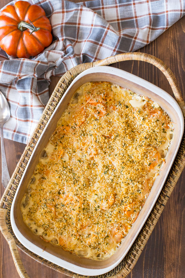 Smoked Chili Sweet Potato Gratin in a baking dish.  