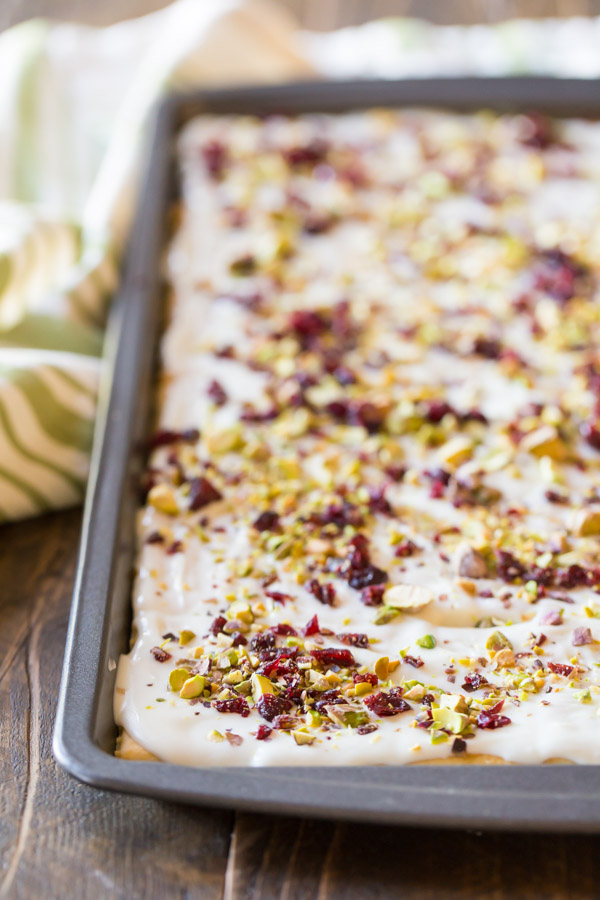 Cranberry Pistachio Butter Cracker Bark on a baking sheet.  