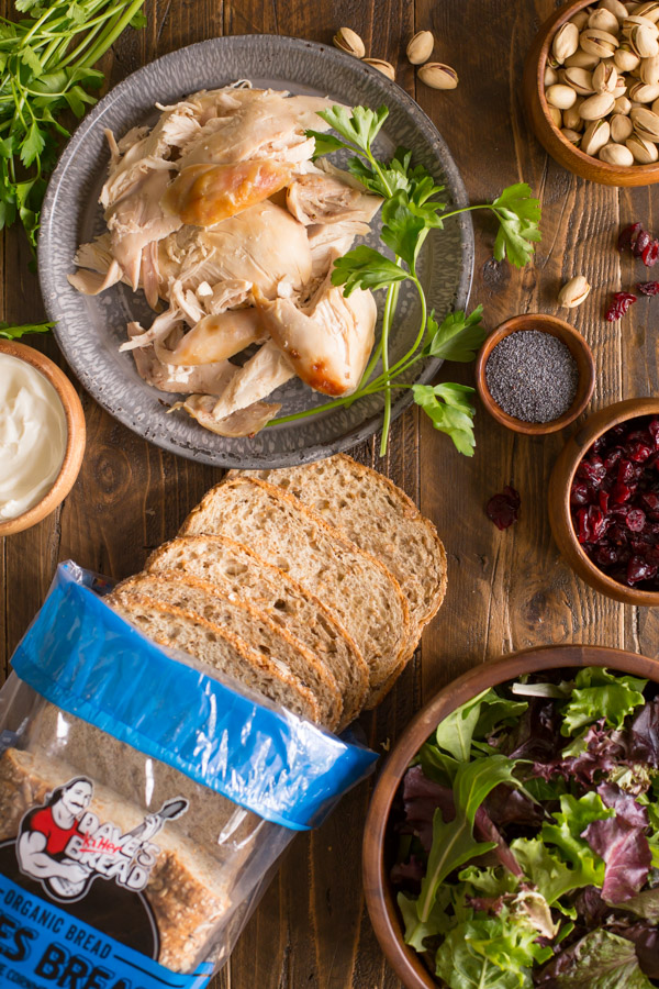 All the ingredients for a Cranberry Pistachio Chicken Salad Sandwich.
