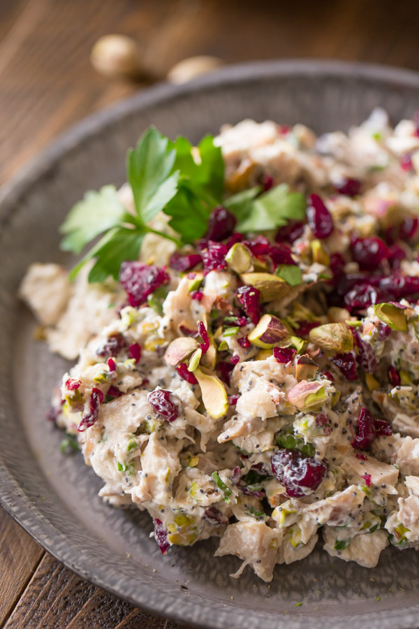 Cranberry Pistachio Chicken Salad on a plate.  