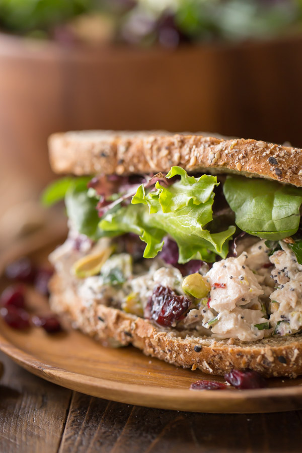 Cranberry Pistachio Chicken Salad Sandwich - Lightened up chicken salad with tangy sweet dried cranberries and crunchy pistachios!