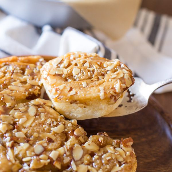Almond Sticky Buns - Warm, buttery sweet rolls with a sticky almond caramel top! You will fall in love too!