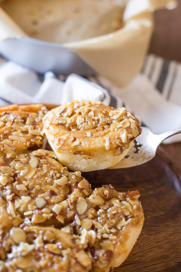 Almond Sticky Buns - Warm, buttery sweet rolls with a sticky almond caramel top! You will fall in love too!