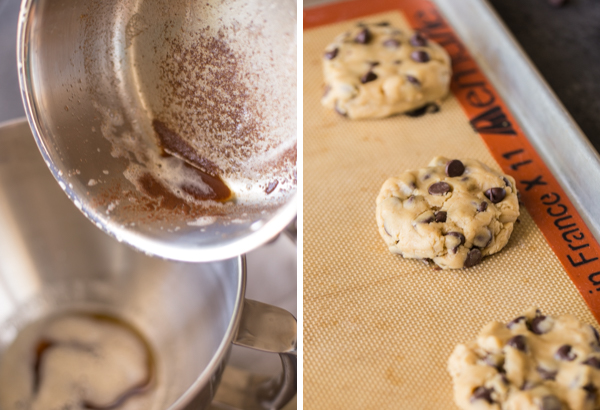 Two step pictures for making the Ultimate Chocolate Chip Cookies - the first picture shows the browned butter being poured into the mixing bowl and the second picture shows the cookie dough on a Silpat lined baking sheet.