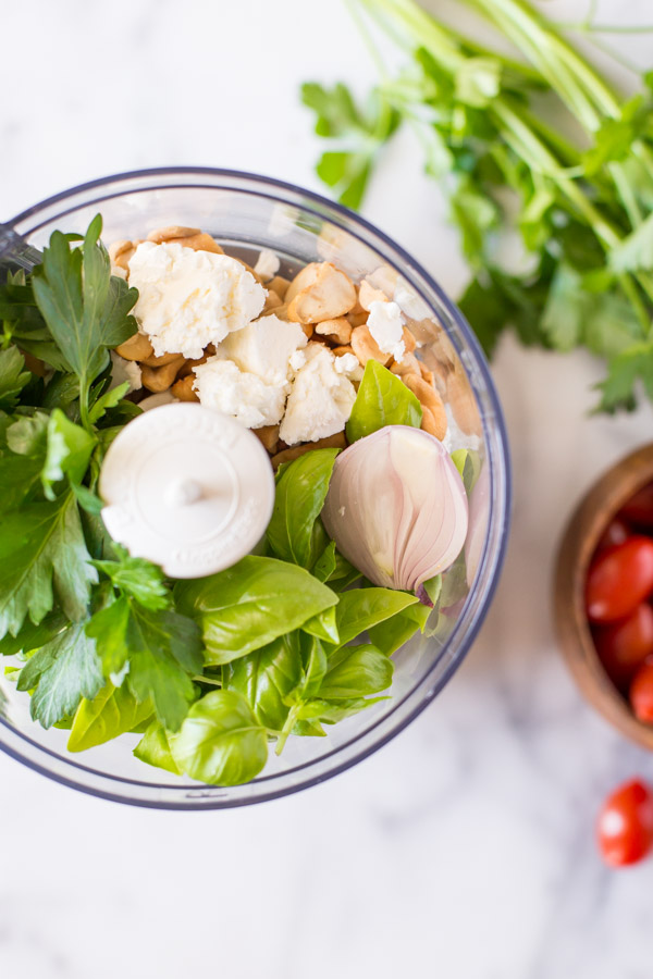 Ingredients for the Pesto in a food processor.