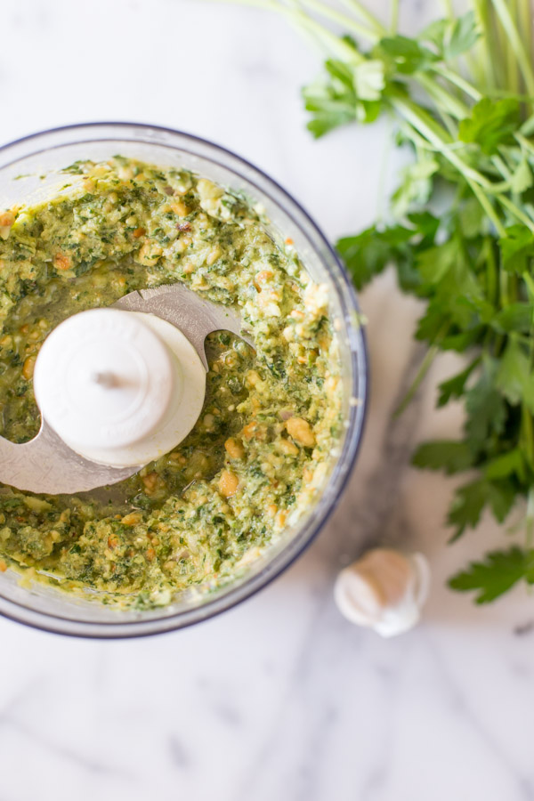 Pesto in a food processor.