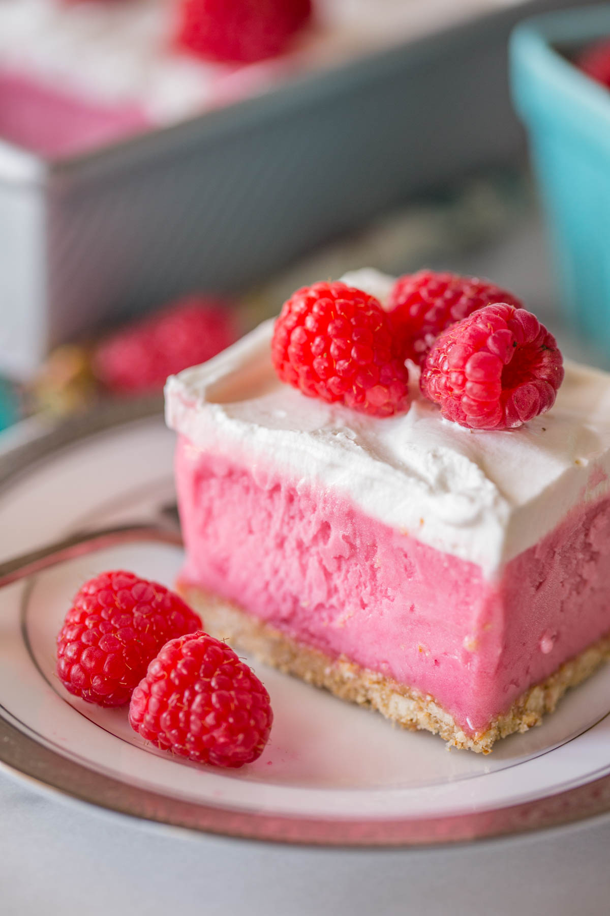 A gorgeous raspberry sherbet dessert with a pretzel crust and a homemade whipped topping! Perfect for summertime get togethers!