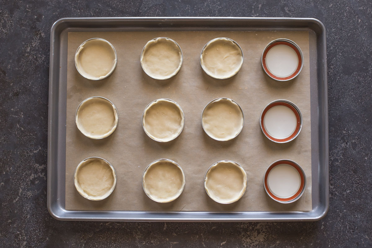 Mason jar lids arranged on a parchment paper lined baking sheet, with the pie dough in some of the lids.