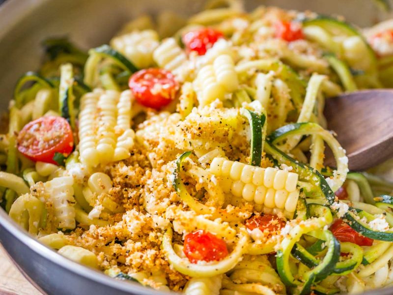 Sweet corn cut off the cob, red ripe tomatoes, and zucchini are the stars in my latest obsession. Topped with creamy feta and toasted Panko, this dish offers the best of the best!