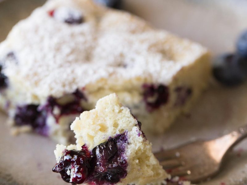 A lovely little snack cake that is slightly sweet with a tender crumb and lots of juicy blueberries!
