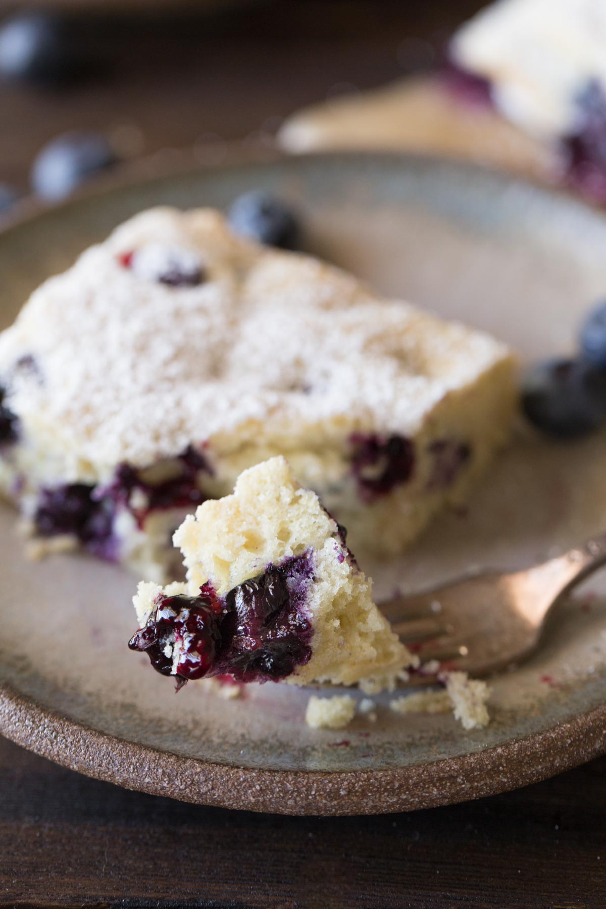 A lovely little snack cake that is slightly sweet with a tender crumb and lots of juicy blueberries!