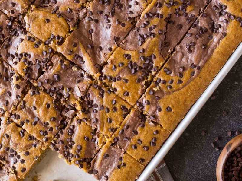 With plenty to feed a crowd, this pumpkin sheet cake with a chocolate cheesecake swirl is perfect for holiday gatherings!