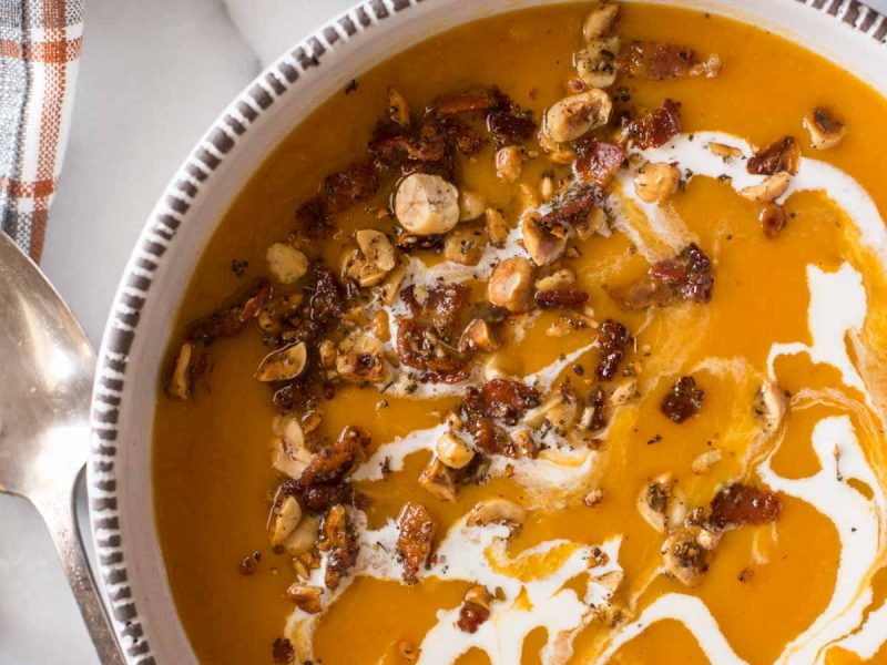 Roasted butternut squash and sweet potatoes, onions, bacon, sage, toasted hazelnuts and a delicate drizzle of heavy cream. This soup is downright luxurious.