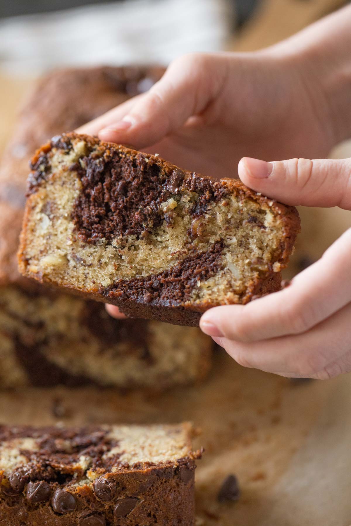 Chocolate and banana are so delicious together, and the texture of this bread with the delicate pieces of sliced almonds is just right!