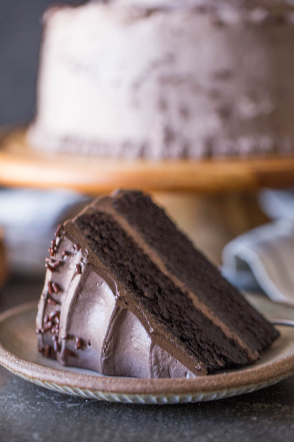 A slice of Dark Chocolate Cake With Whipped Cream Frosting on a plate, with the rest of the cake on a cake stand in the background.