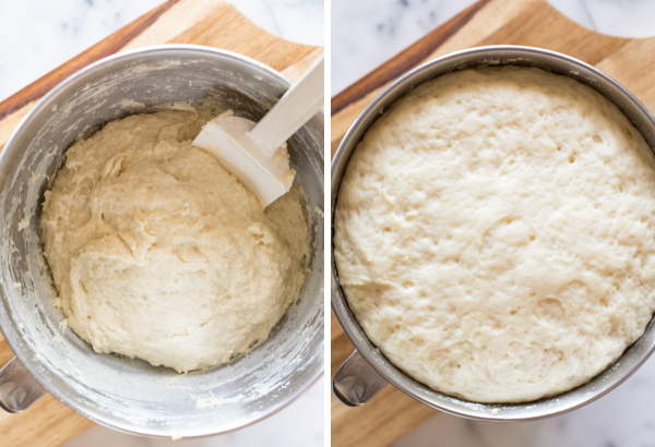 Two step by step photos for the Sheet Pan Cinnamon Rolls - the first showing the dough in the mixing bow, and the second showing the dough after letting it rise.