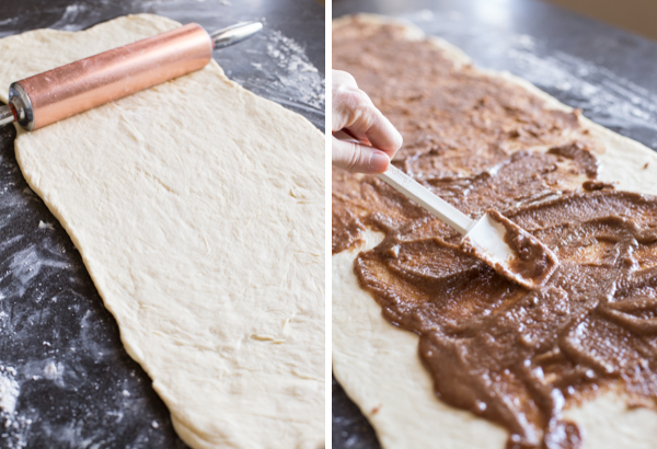Two step by step photos for the Sheet Pan Cinnamon Rolls - the first showing the dough being rolled out, and the second showing the cinnamon, brown sugar butter being spread on top of the dough.