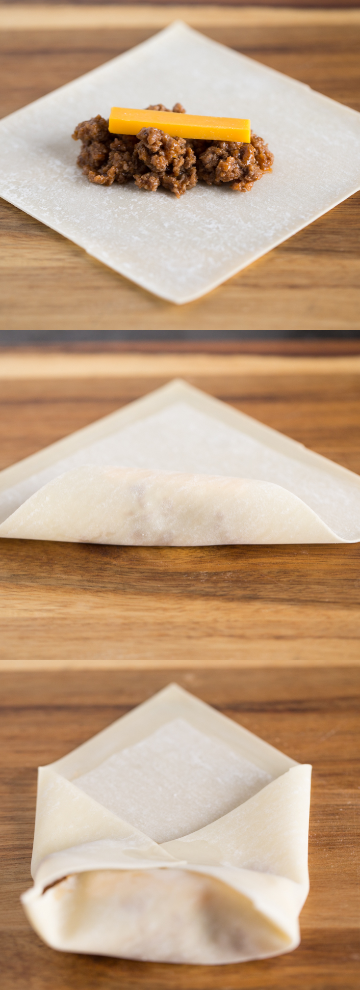 A three step picture showing how to assemble and fold the wrappers for the Fried Sloppy Joe Rolls.