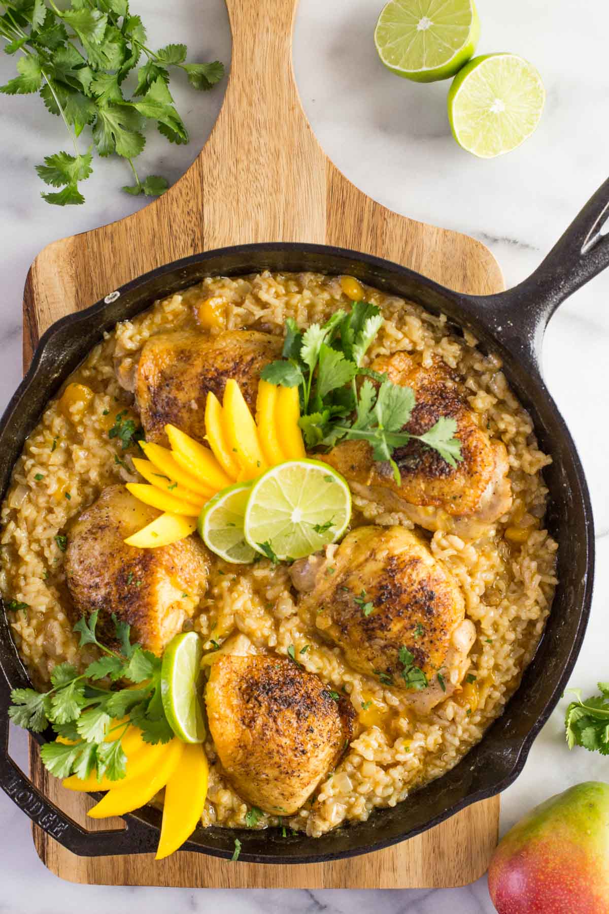 We've got crispy chicken cooked on the bone so it stays nice and juicy, and creamy rice with lots of onions, garlic, chili powder, and lime.  Serve it with fresh slices of mango, lots of cilantro and freshly squeezed lime juice.