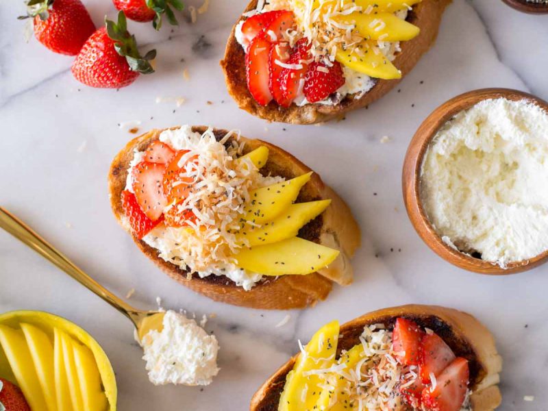 Top down view of Strawberry Mango Cinnamon Toast and ingredients.
