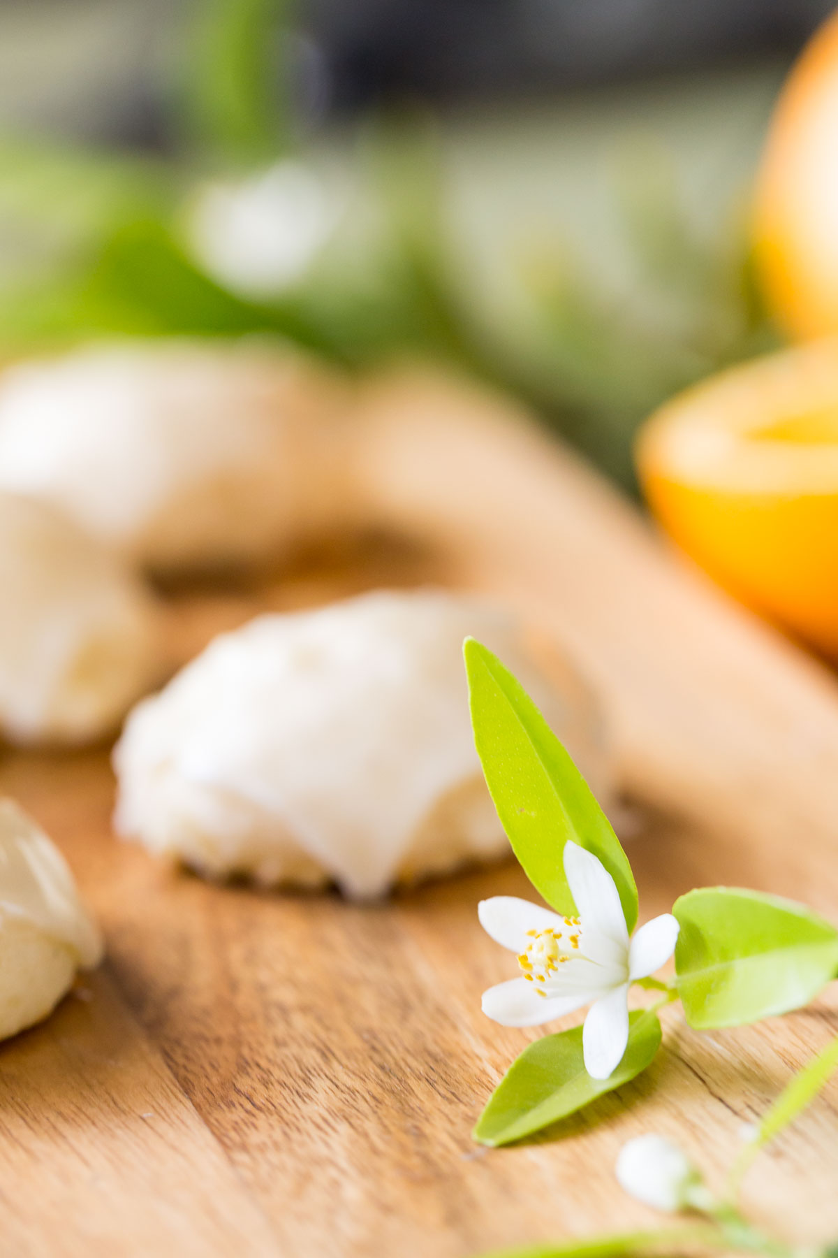 A close up shot of an orange blossom with cookies blurred in the background on a wooden cutting board.