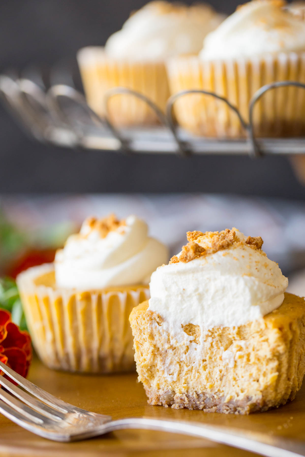 Close up shot of the inside of pumpkin spice cheesecakes topped with whipped cream