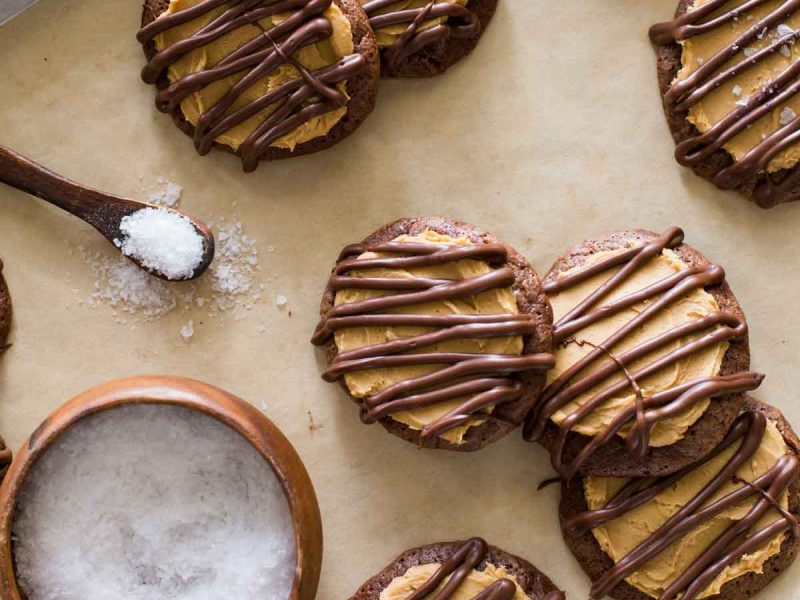 Peanut Butter Buckeye Brownie Cookies on a baking sheet.