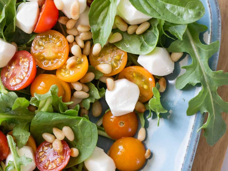 Overhead view of Sungold Caprese Salad