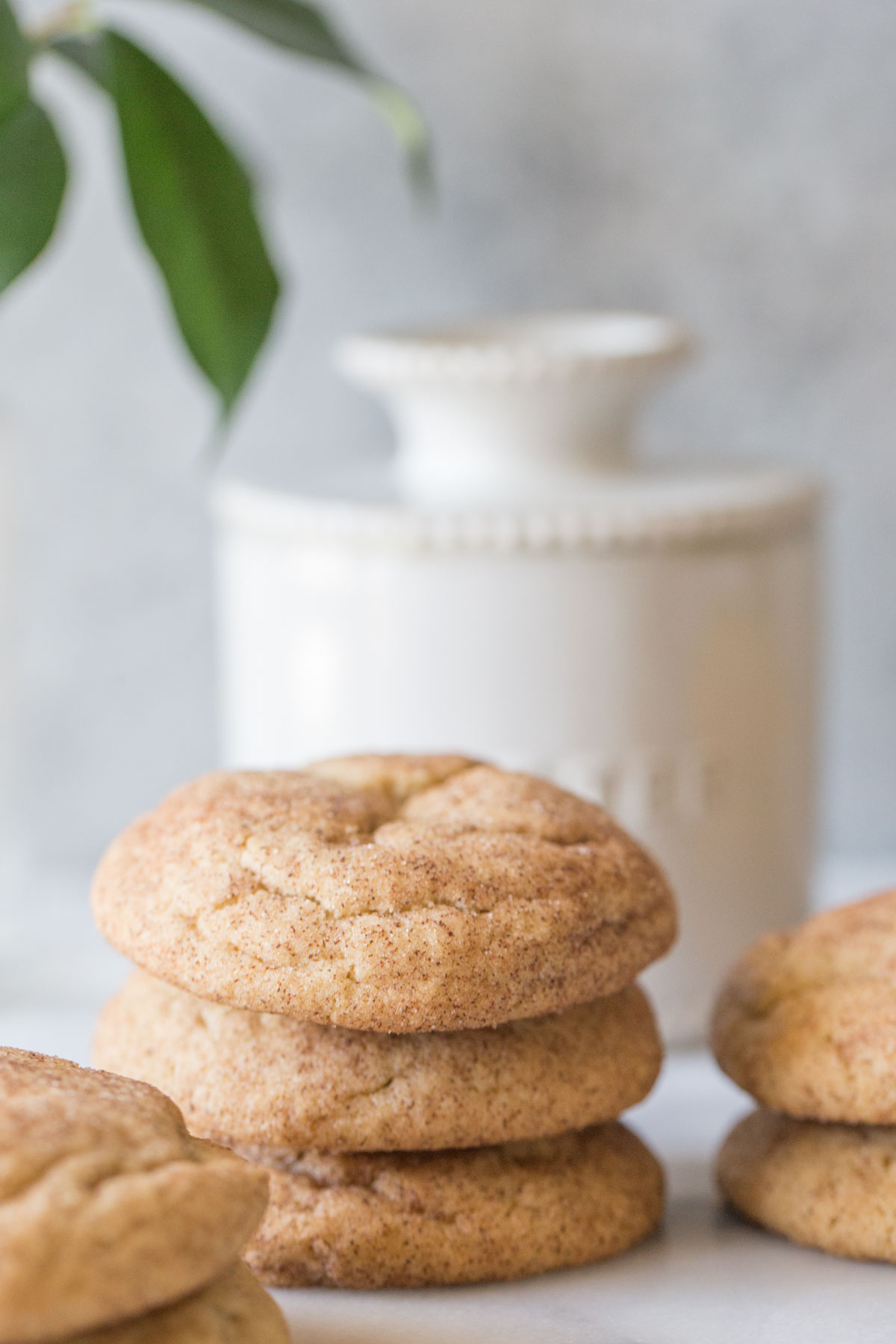 Super Soft Snickerdoodles stacked in front of a butter crock with a grey background.