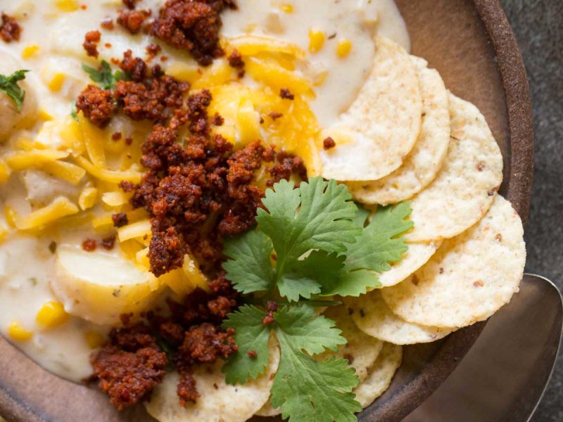 Overhead shot over Creamy Corn Chowder With Chorizo.