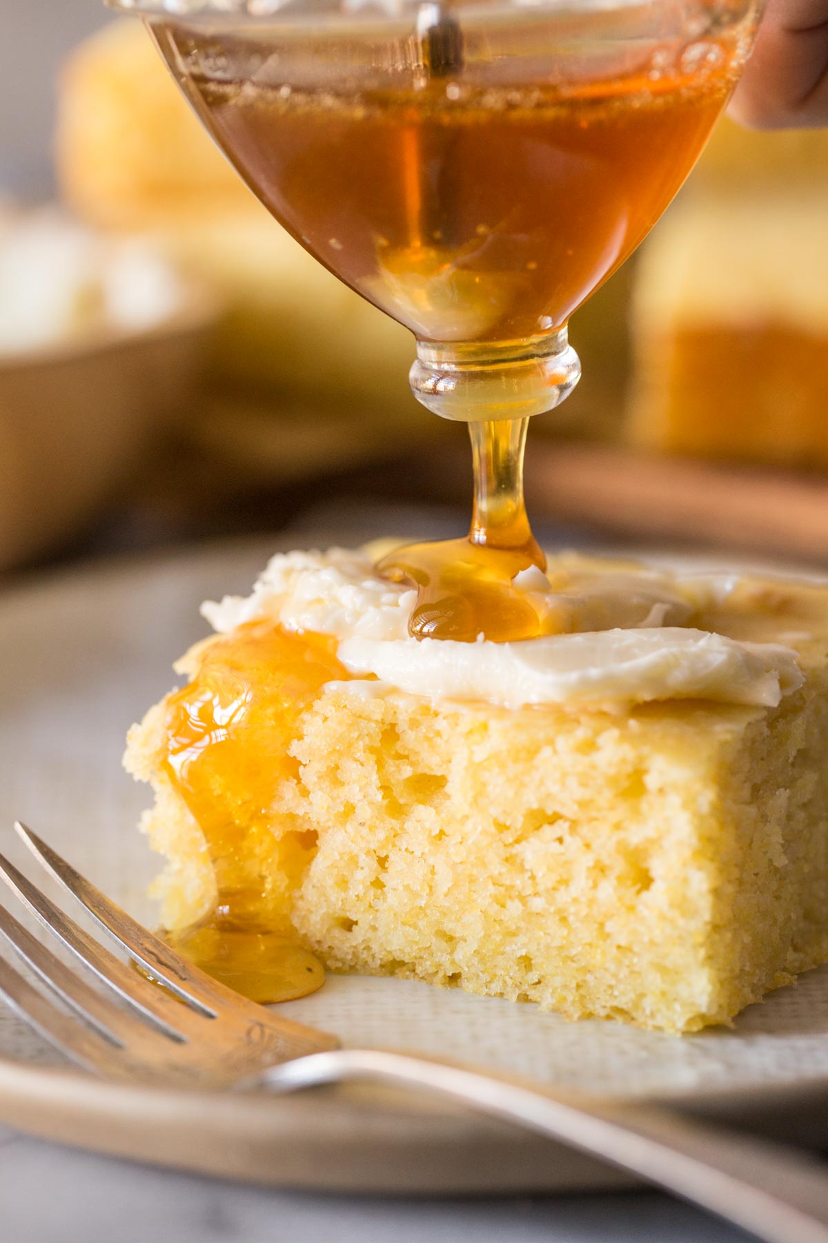 Honey drizzled over Easy Homemade Cornbread.