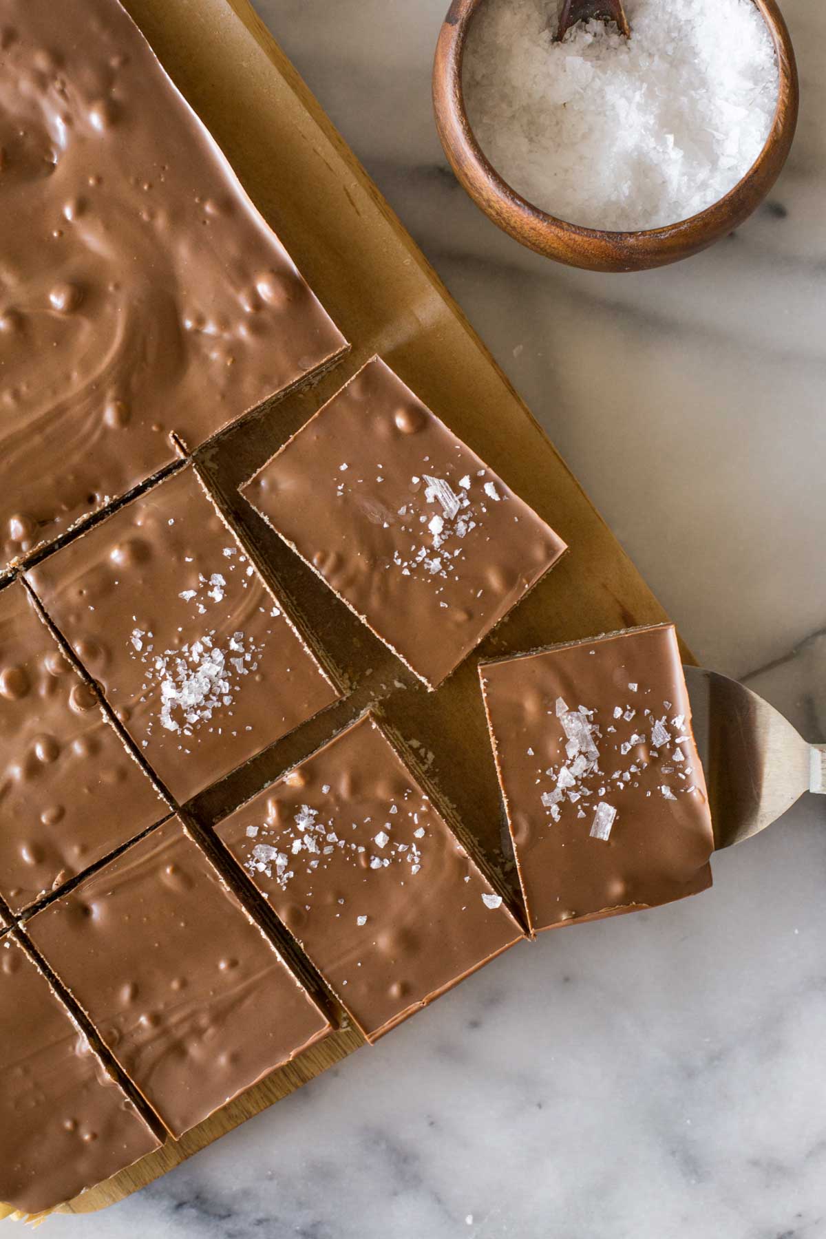 Overhead view of Salt River Bars cut into squares with sea salt on top. 