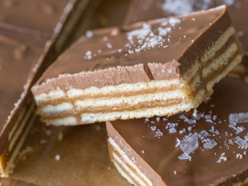 Close up view of caramel, cracker, and chocolate layer of Salt River Bars.