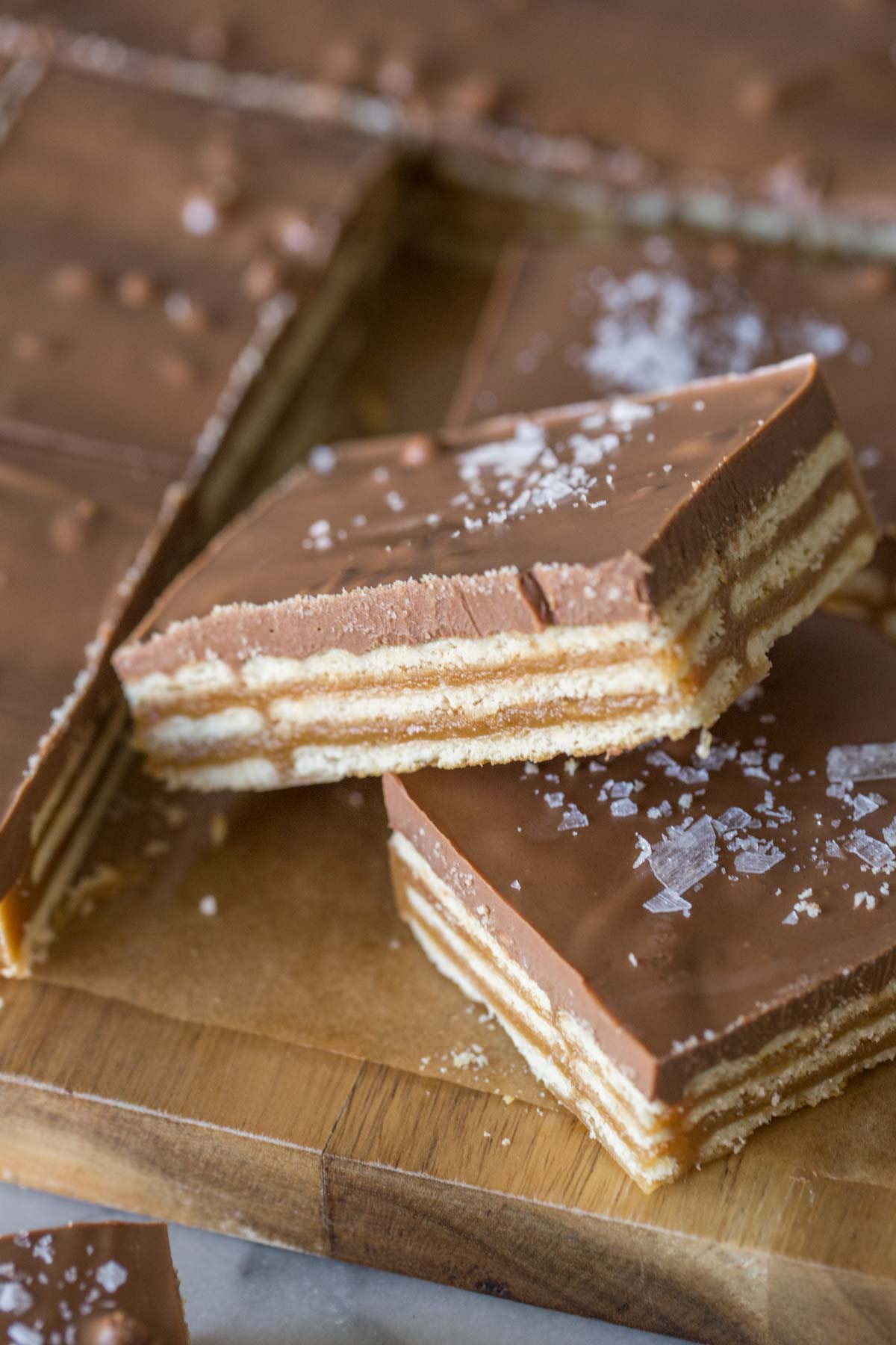 Close up view of caramel, cracker, and chocolate layer of Salt River Bars.