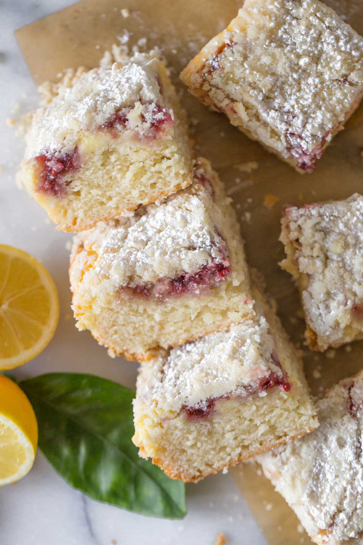 Overhead shot of stacked pieces of Lemon Raspberry Cream Cheese Coffee Cake.