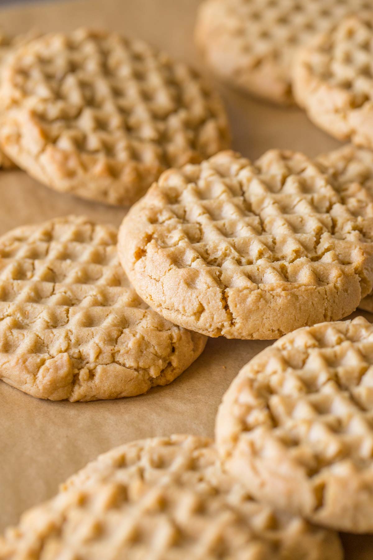 Soft and Chewy Peanut Butter Cookies spread out on a parchment paper baking sheet.
