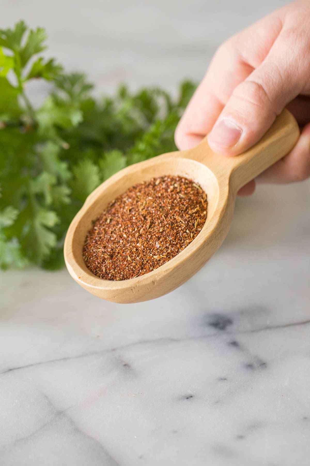 Close up shot of hand holding a wooden scoop with Homemade Taco Seasoning.