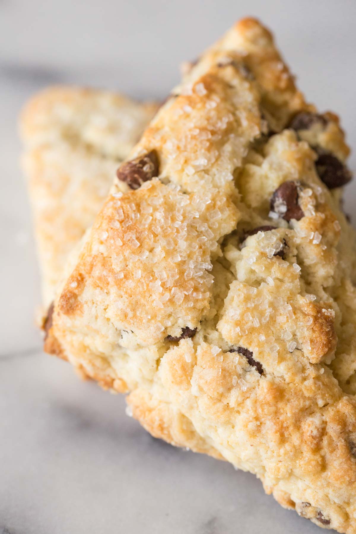 Close up shot of a Chocolate Chip Scone.