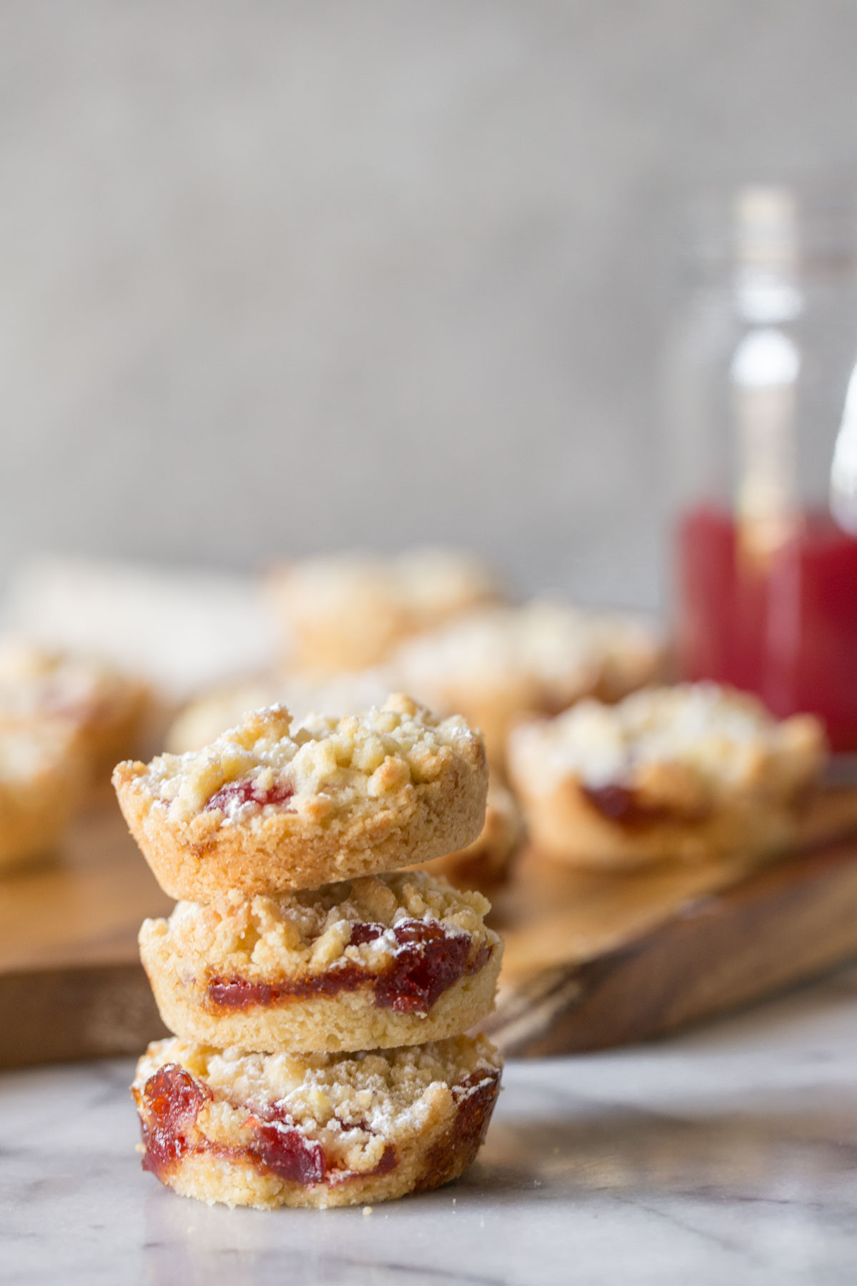 Costco Raspberry Crumble Cookies stacked three high.  