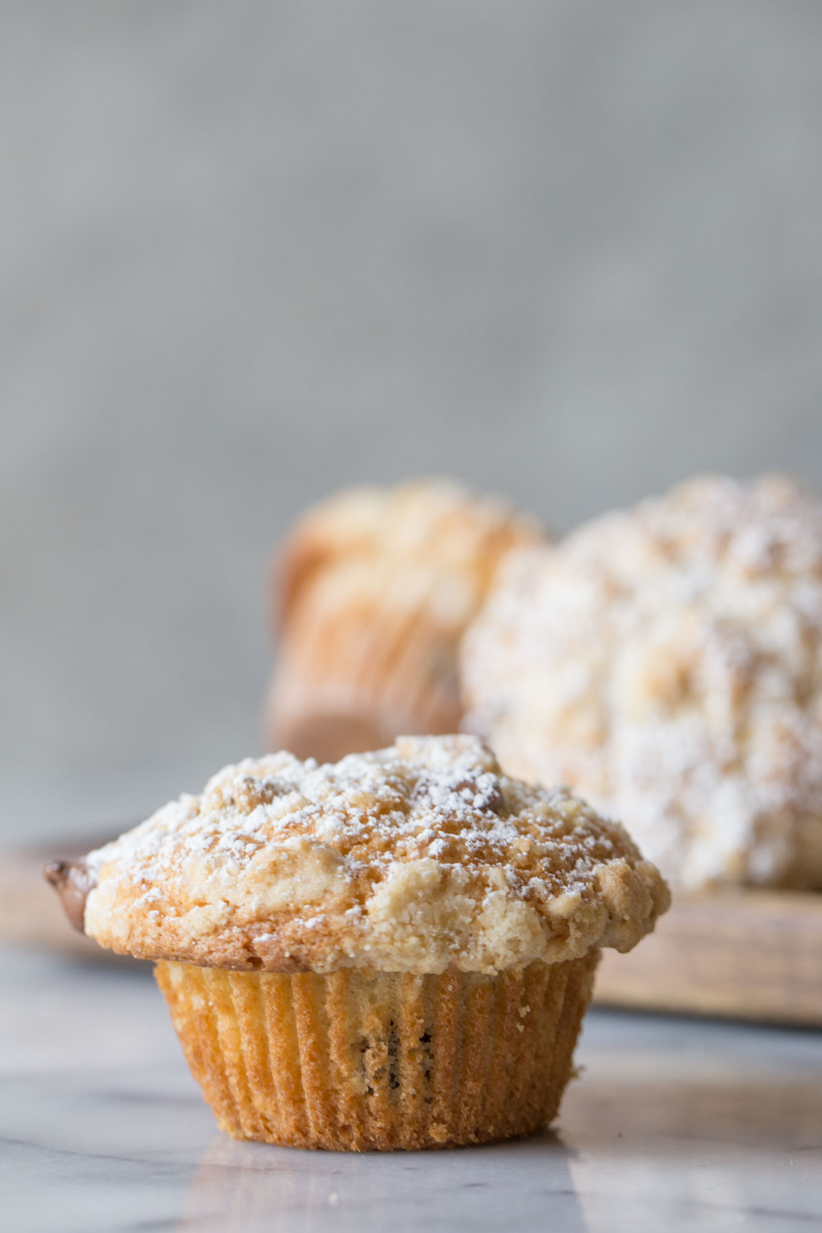 Close up shot of a Chocolate Chip Muffin.  