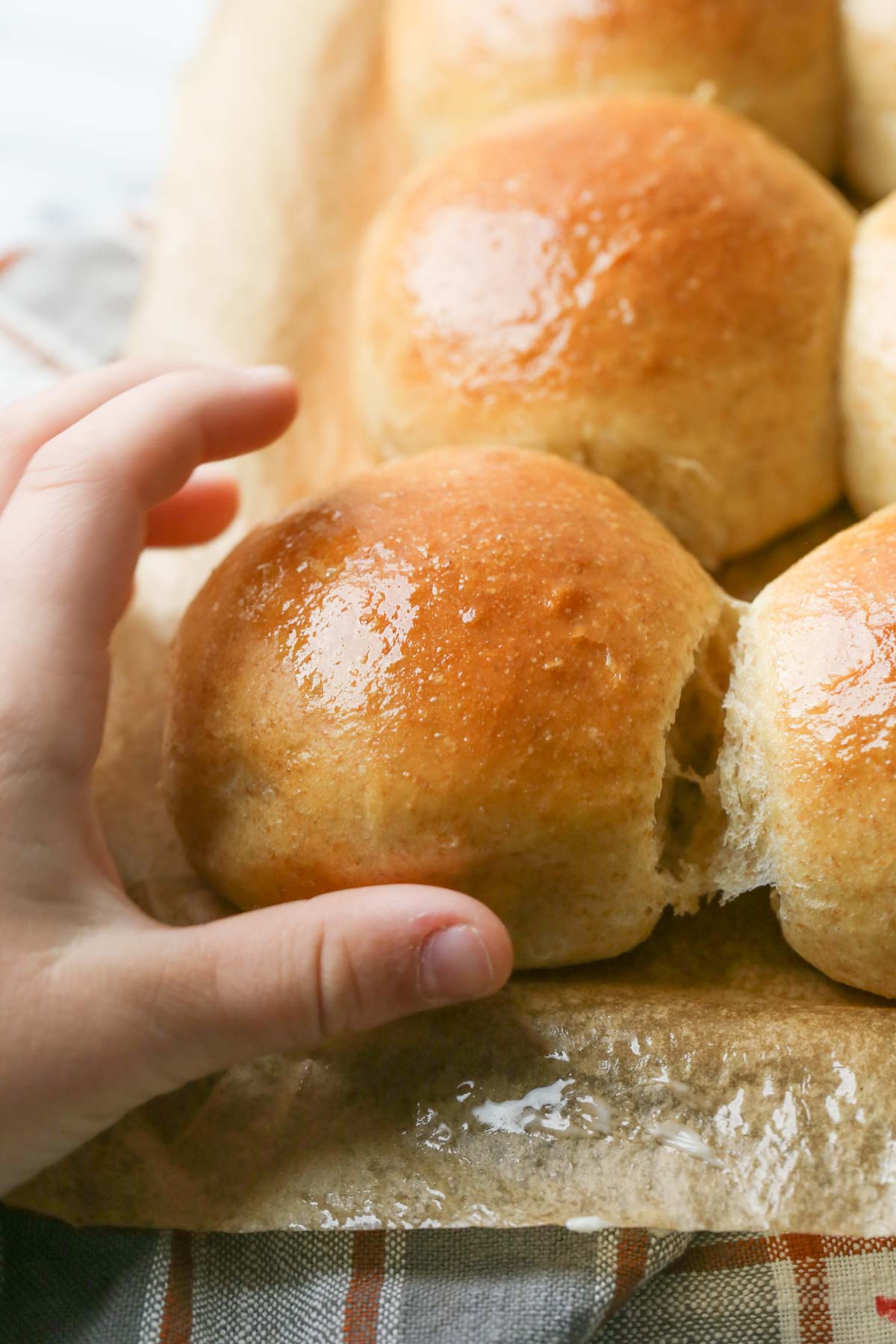 Close up shot of a hand reaching for an Overnight Honey Wheat Roll. 