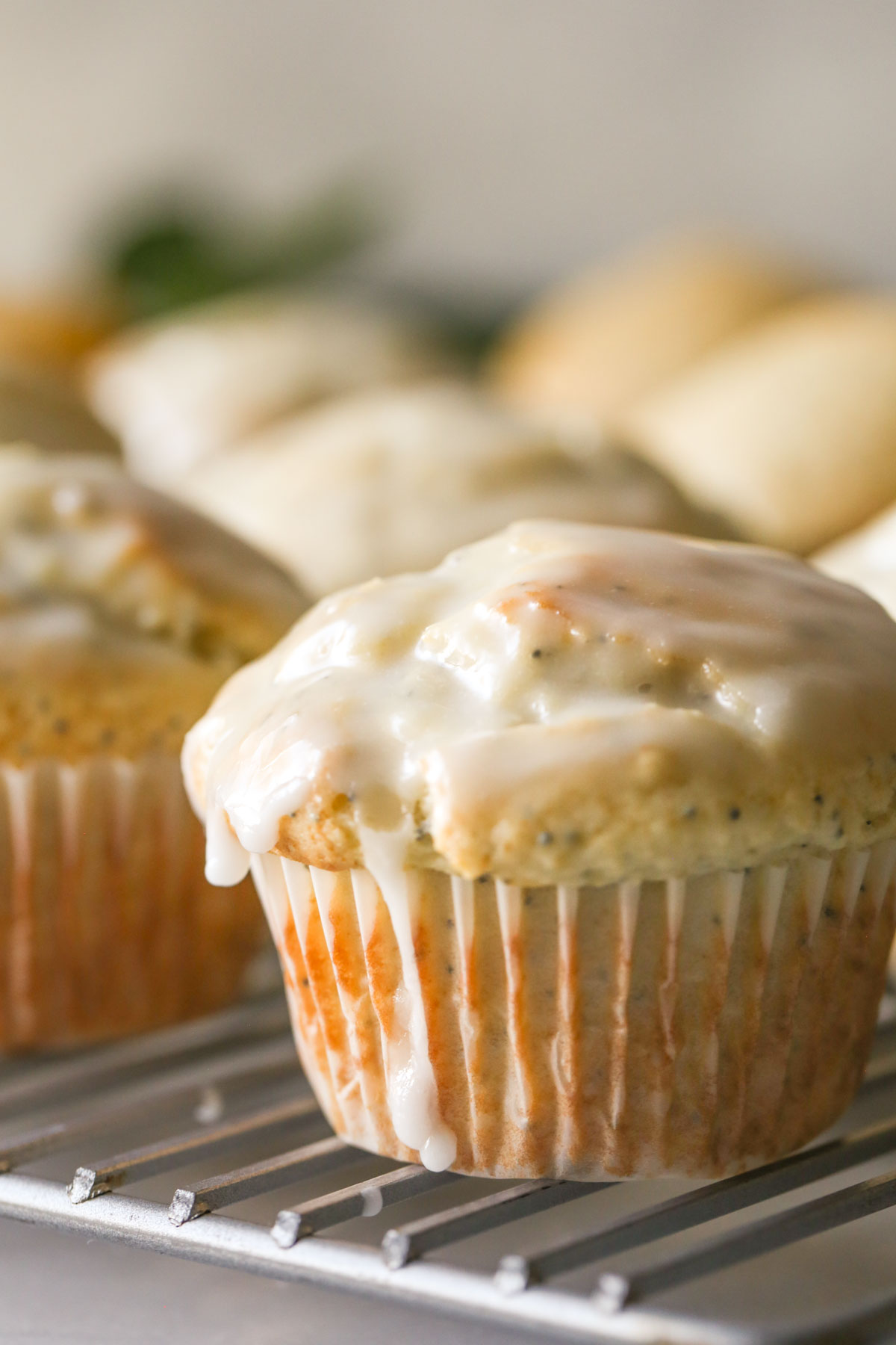 Close up shot of a Glazed Lemon Poppy Seed Muffin on a cooling rack, with more muffins in the background.