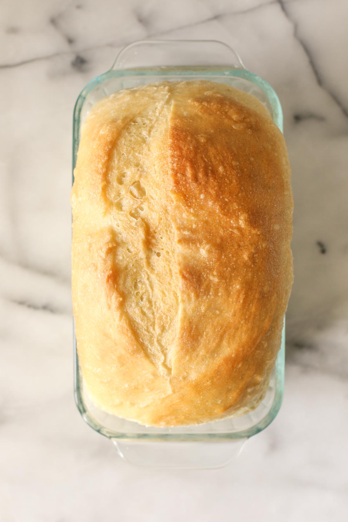 Overhead shot of a Sourdough Sandwich Loaf after baking.