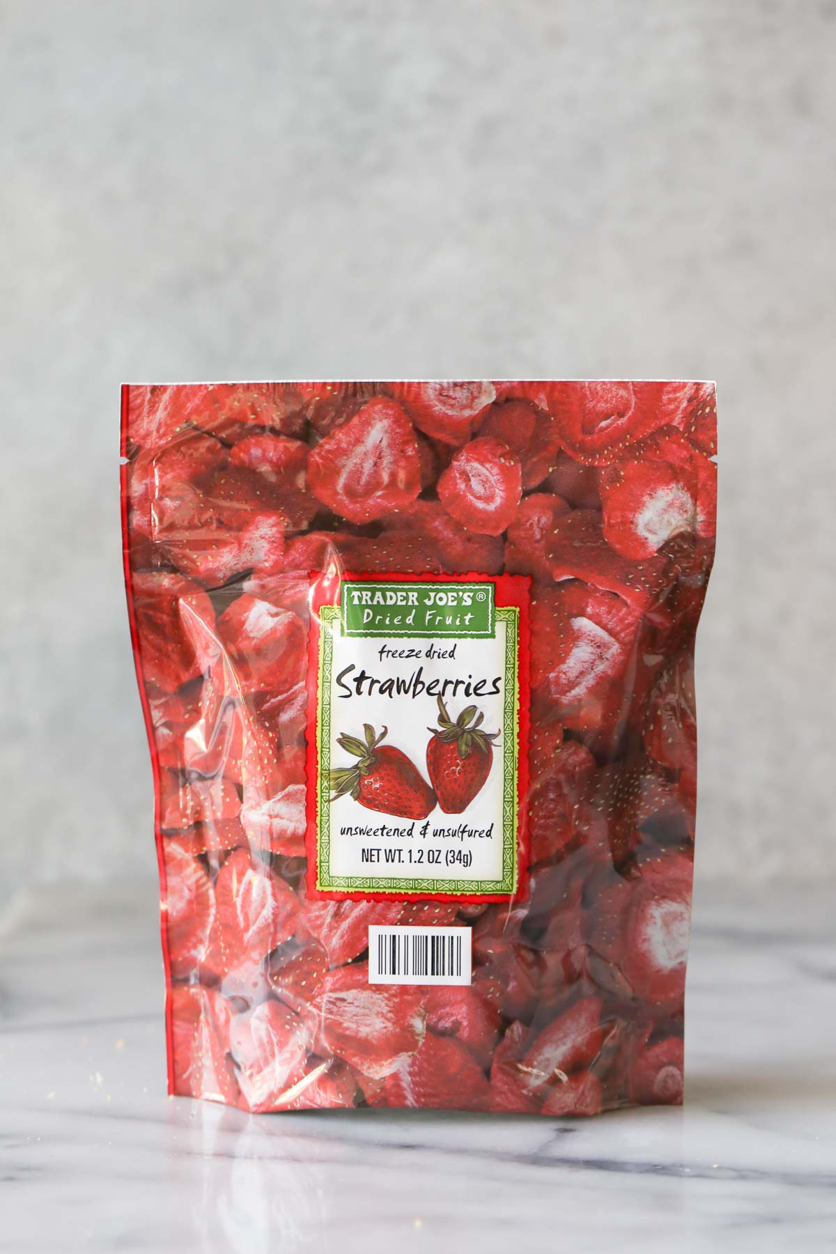 A package of Trader Joe's Freeze Dried Strawberries that are used in the recipe for Strawberry Rice Krispie Treats.