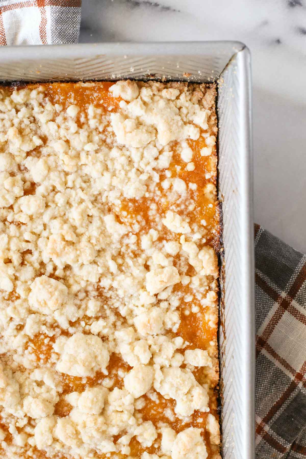 Overhead shot of a baking pan of Peach Crumb Bars.  