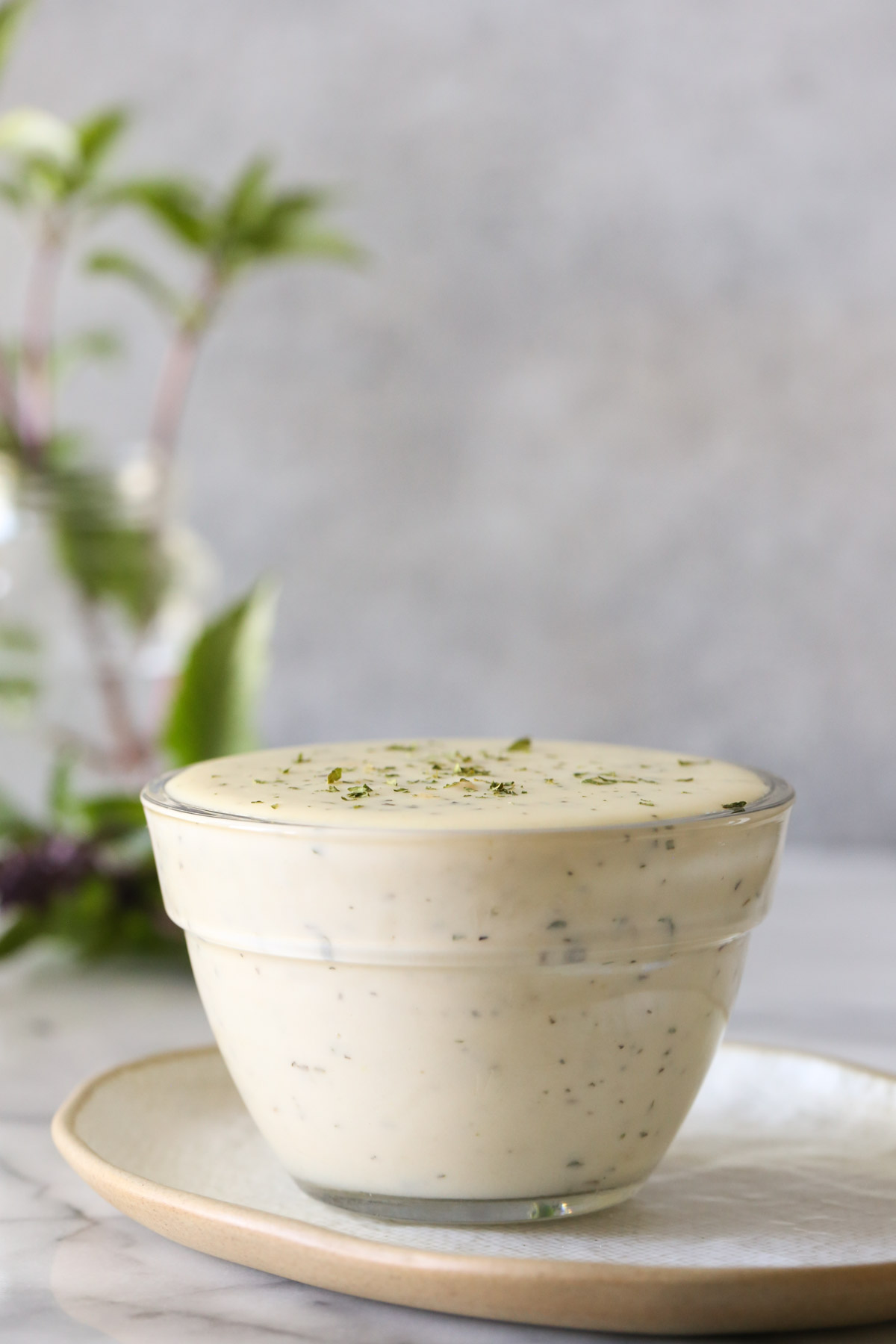 A small glass bowl of Homemade Cream of Chicken Soup sitting on a plate.