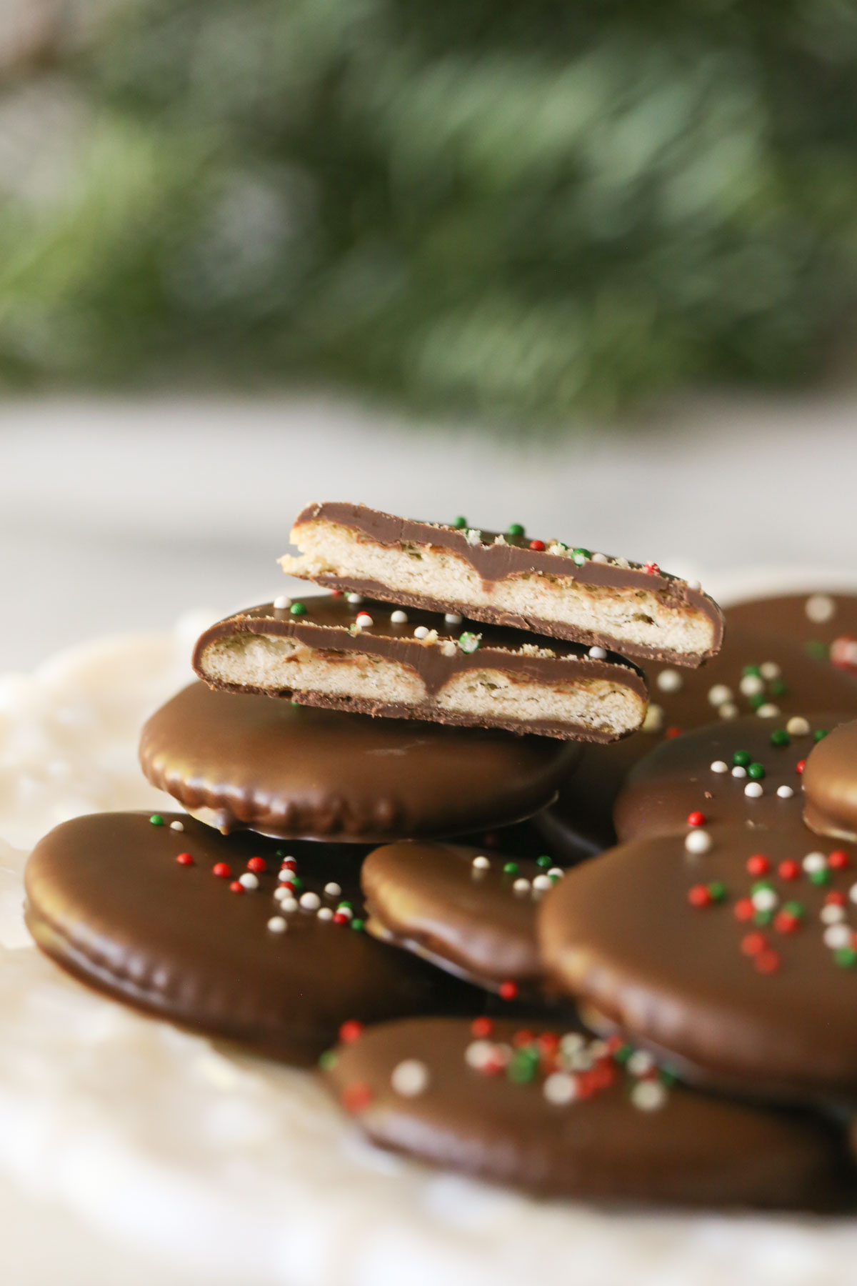 Close up shot of Copycat Thin Mints arranged on a white decorative plate, with one Copycat Thin Mint cookie cut in half showing the inside texture of the cookie. 